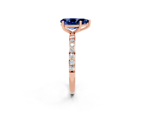 Rose gold Pear Cut Blue Sapphire Solitaire Ring with Round  Pavé Band and Prong Setting