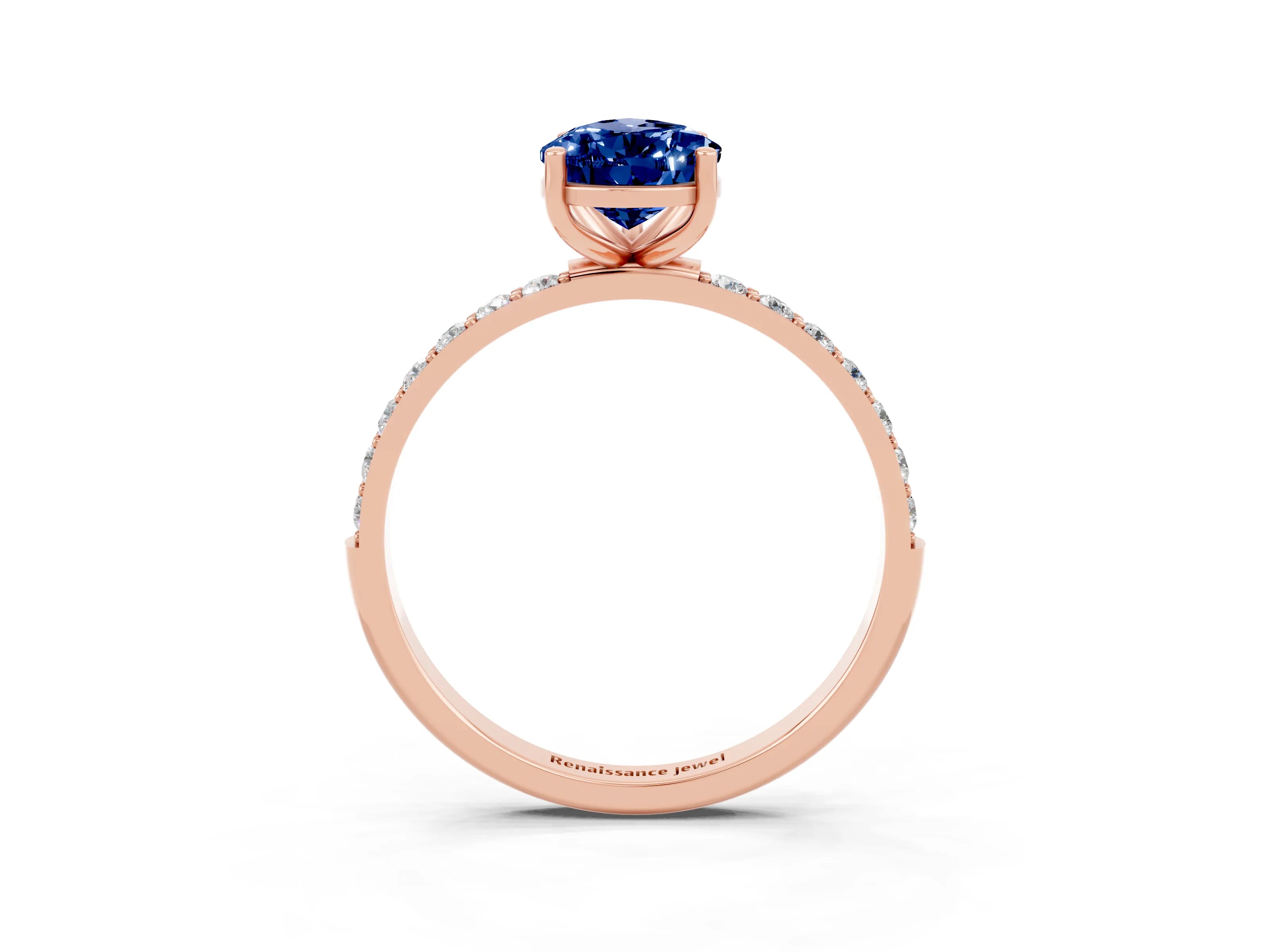 Rose gold Pear Cut Blue Sapphire Solitaire Ring with Pave Band and Four Prong Setting_27