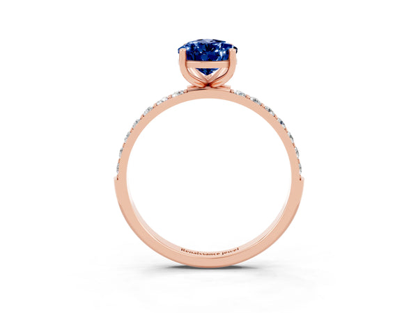 Rose gold Pear Cut Blue Sapphire Solitaire Ring with Round  Pavé Band and Prong Setting