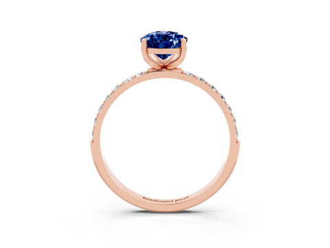 Rose gold Pear Cut Blue Sapphire Solitaire Ring with Pave Band and Four Prong Setting_27