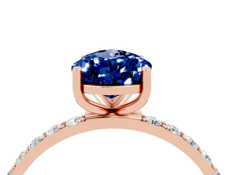 Rose gold Pear Cut Blue Sapphire Solitaire Ring with Pave Band and Four Prong Setting_28