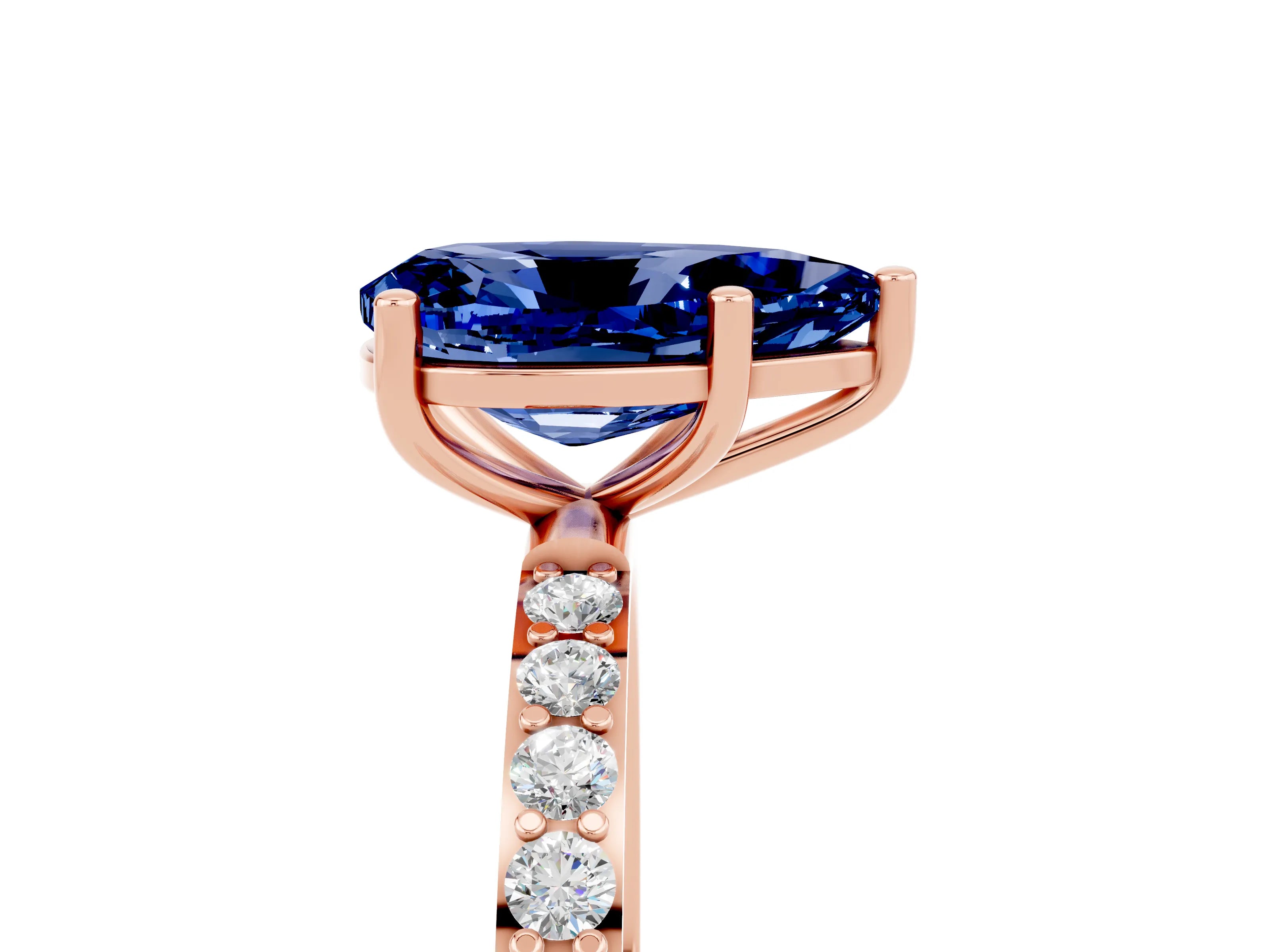 Rose gold Pear Cut Blue Sapphire Solitaire Ring with Pave Band and Four Prong Setting_29