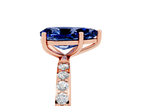 Rose gold Pear Cut Blue Sapphire Solitaire Ring with Pave Band and Four Prong Setting_29