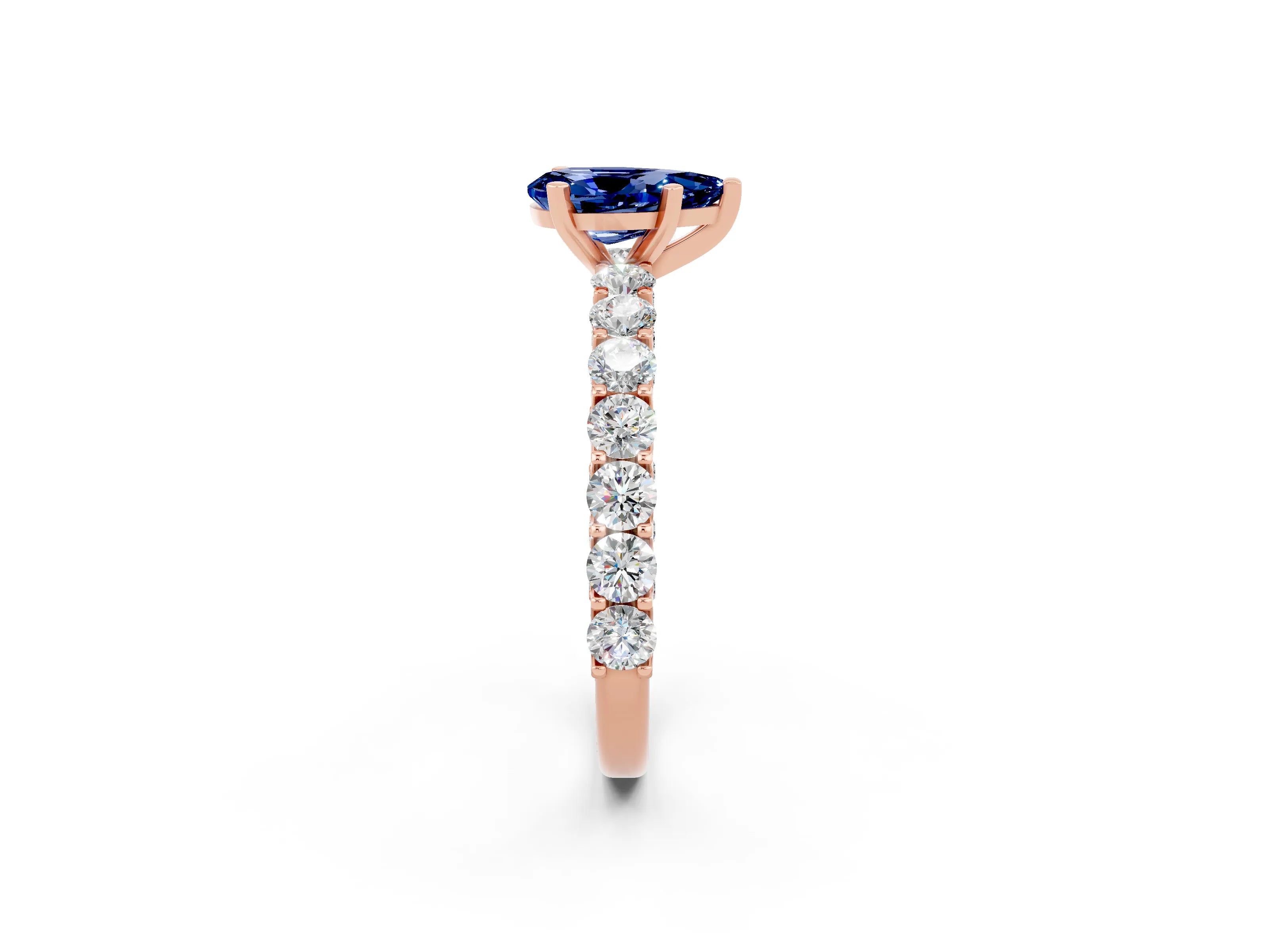 Rose gold Pear Cut Blue Sapphire Solitaire Ring with Shared Prong Pavé Band and Four-Prong Setting_2