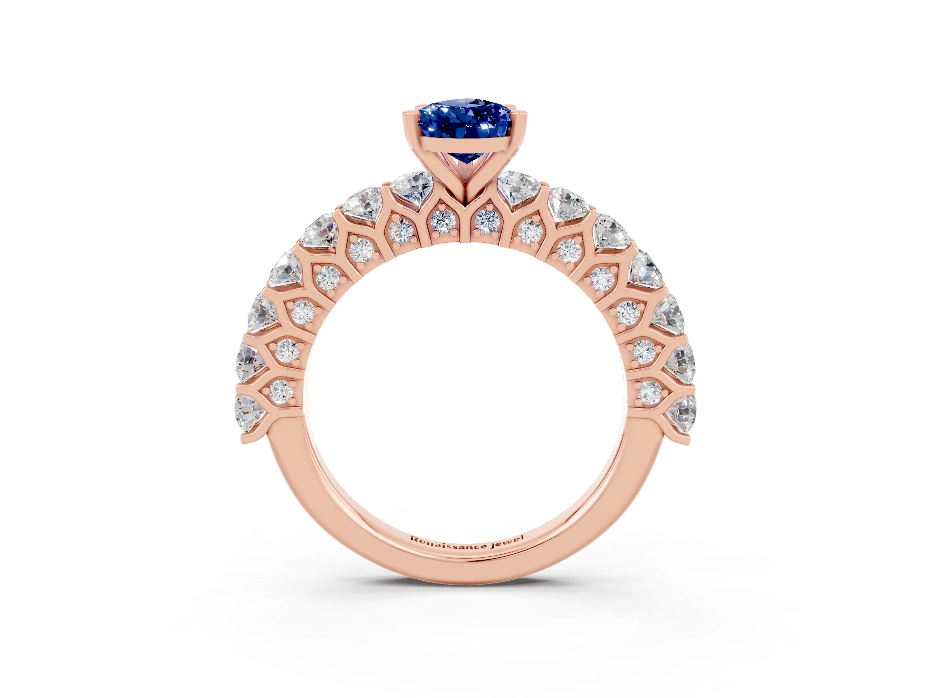 Rose gold Pear Cut Blue Sapphire Solitaire Ring with Shared Prong Pavé Band and Four-Prong Setting_3