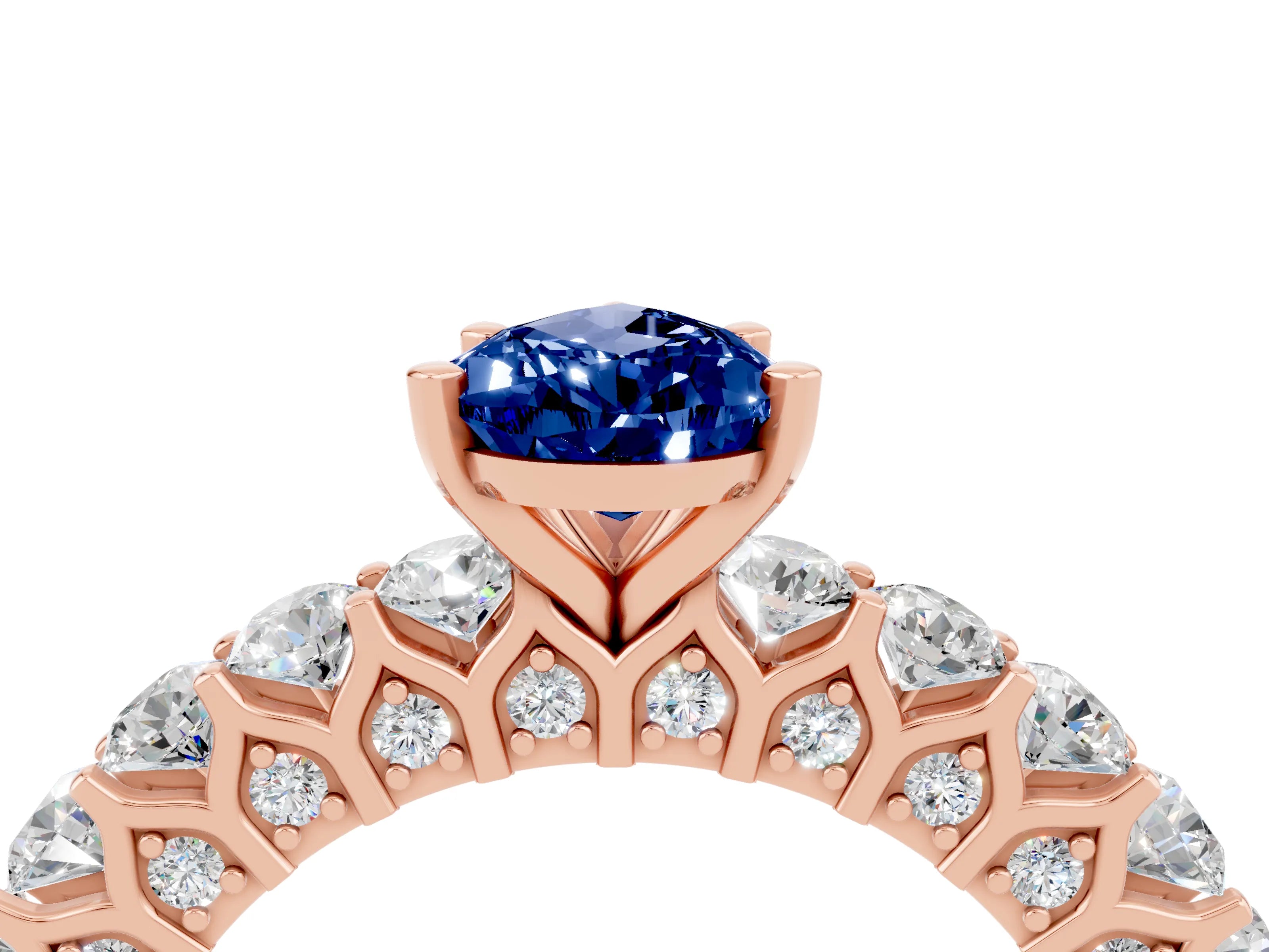 Rose gold Pear Cut Blue Sapphire Solitaire Ring with Shared Prong Pavé Band and Four-Prong Setting_4