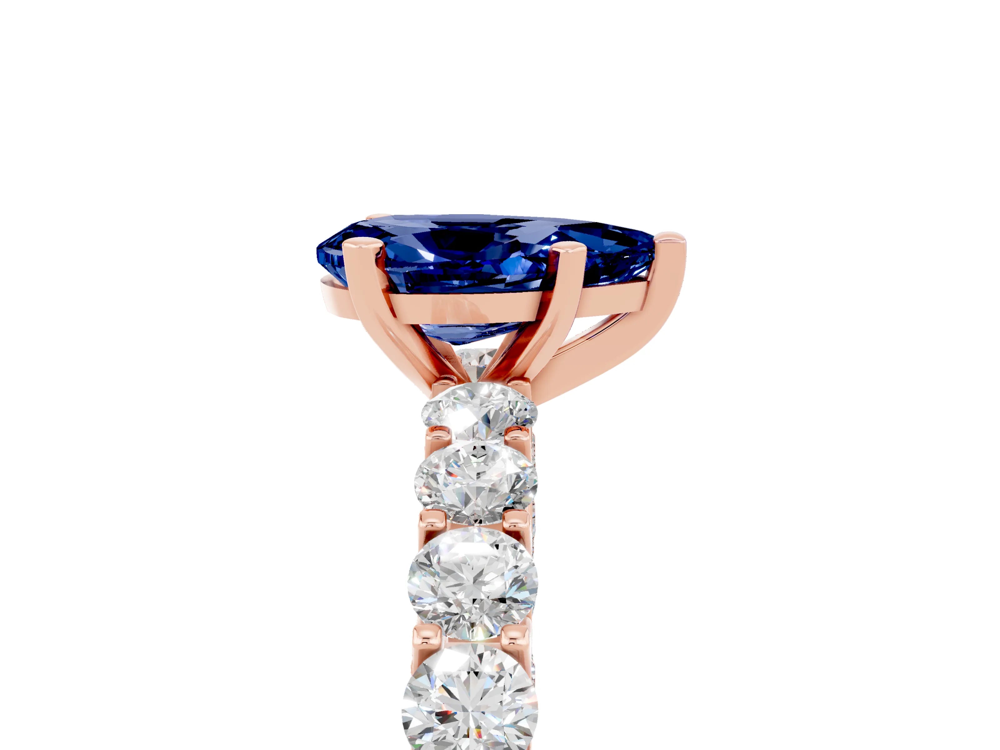 Rose gold Pear Cut Blue Sapphire Solitaire Ring with Shared Prong Pavé Band and Four-Prong Setting_5