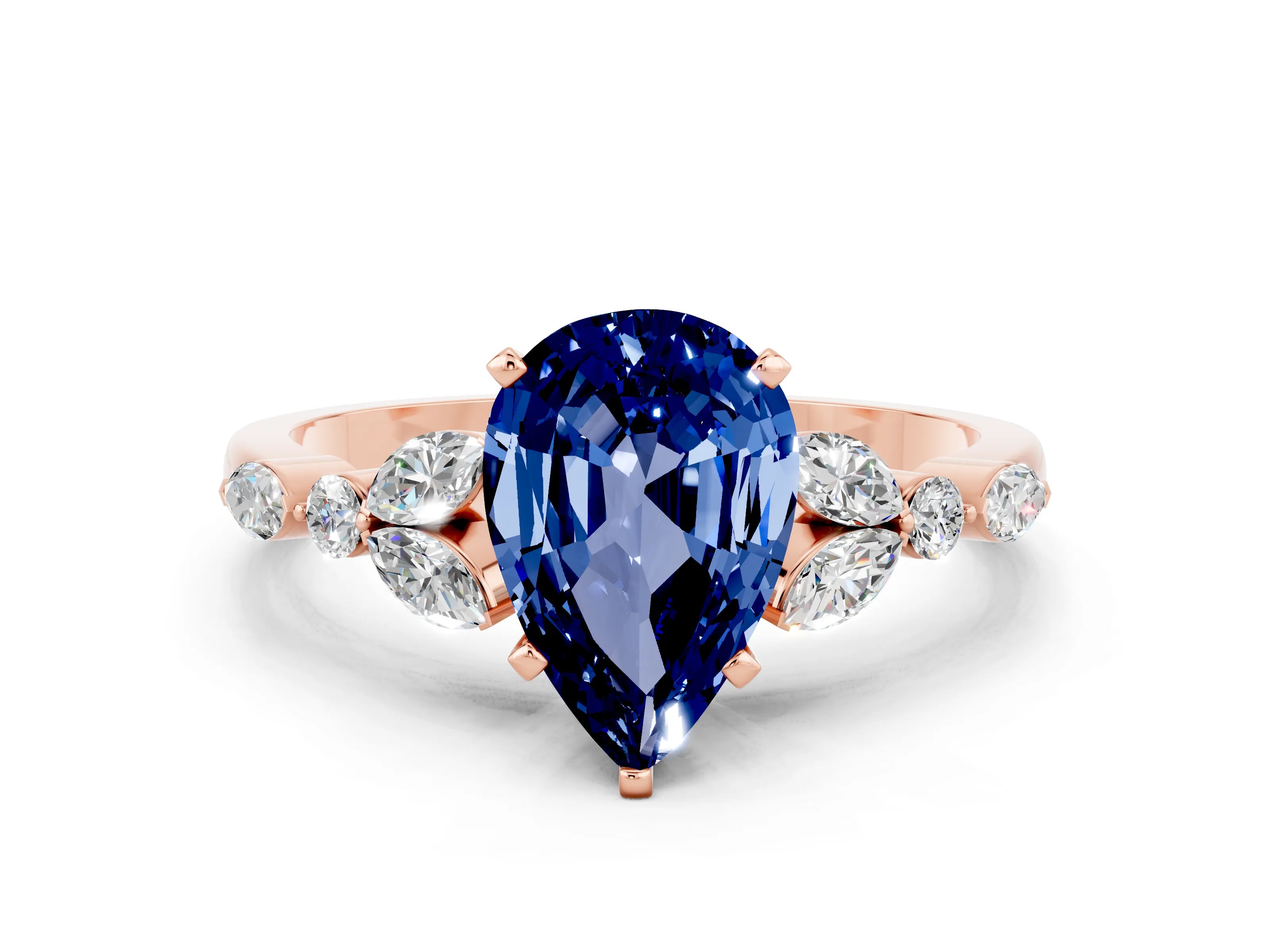 Rose gold Pear Cut Blue Sapphire Solitaire Ring with Side Stones and Four-Prong Setting_12