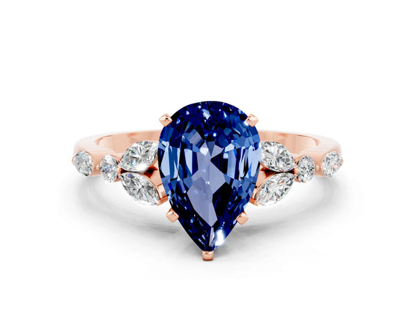 Rose gold Pear Cut Blue Sapphire Solitaire Ring with Side Stones and Four-Prong Setting