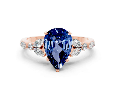 Rose gold Pear Cut Blue Sapphire Solitaire Ring with Side Stones and Four-Prong Setting_12