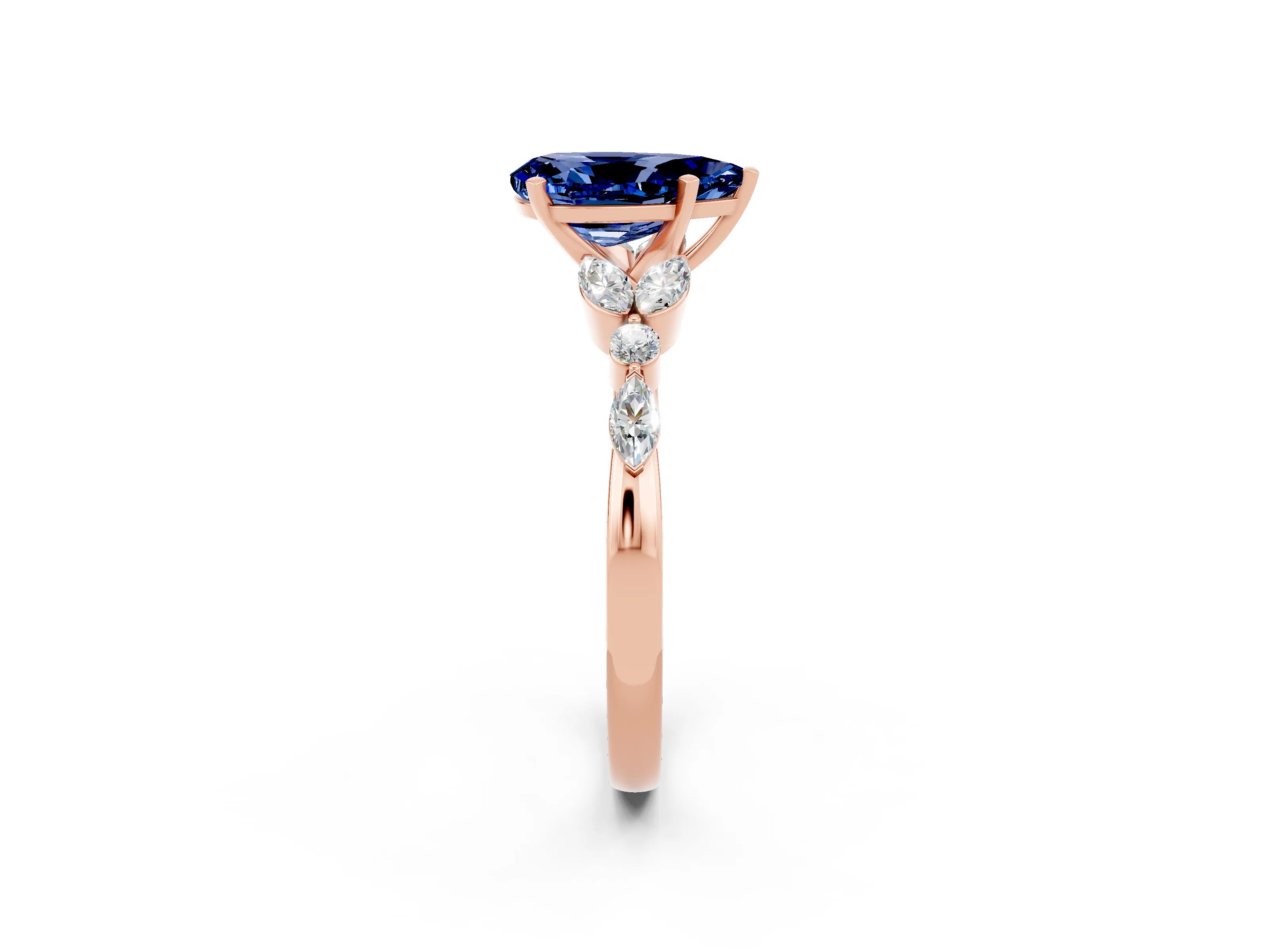 Rose gold Pear Cut Blue Sapphire Solitaire Ring with Side Stones and Four-Prong Setting_14