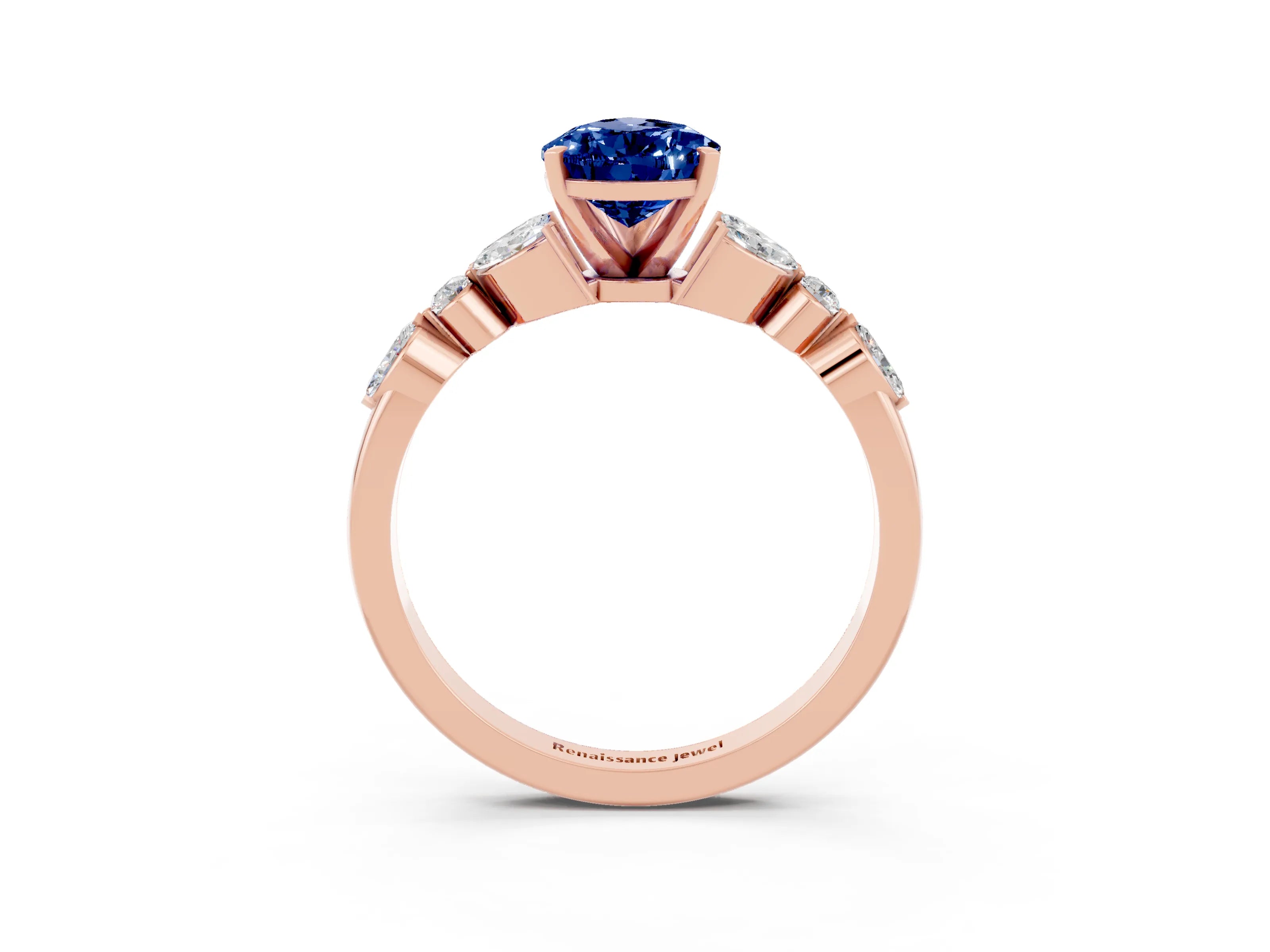 Rose gold Pear Cut Blue Sapphire Solitaire Ring with Side Stones and Four-Prong Setting_15