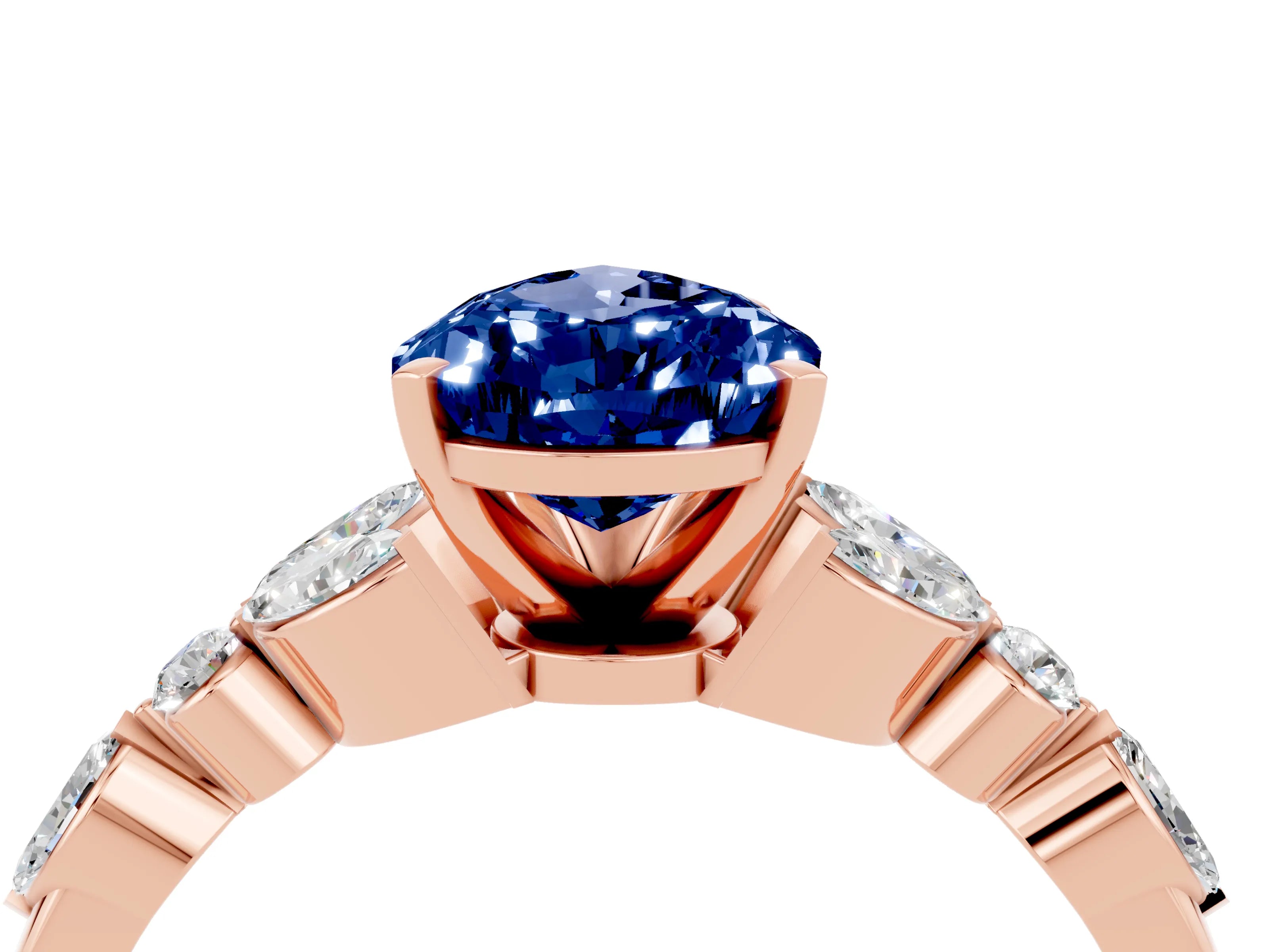 Rose gold Pear Cut Blue Sapphire Solitaire Ring with Side Stones and Four-Prong Setting_16