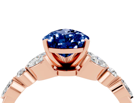 Rose gold Pear Cut Blue Sapphire Solitaire Ring with Side Stones and Four-Prong Setting_16