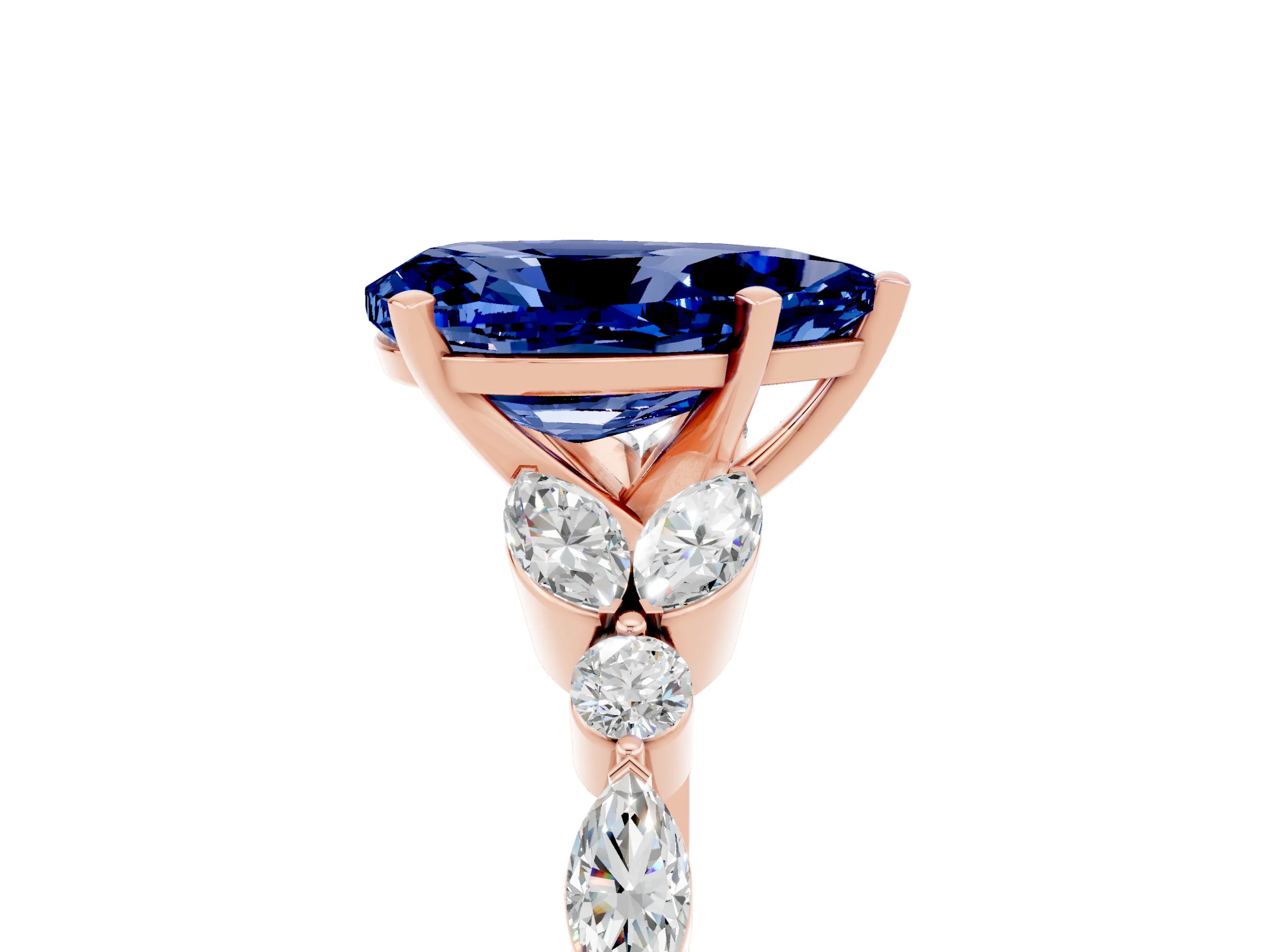 Rose gold Pear Cut Blue Sapphire Solitaire Ring with Side Stones and Four-Prong Setting_17