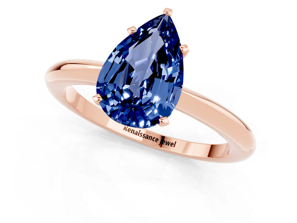 Rose gold Pear Cut Blue Sapphire Solitaire Ring with Six-Prong Setting and Classic Band
