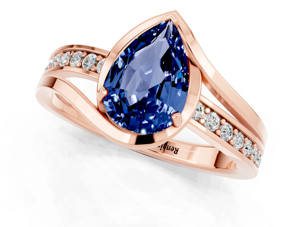 Rose gold Pear Cut Blue Sapphire Solitaire Ring with Split Shank and Prong Setting