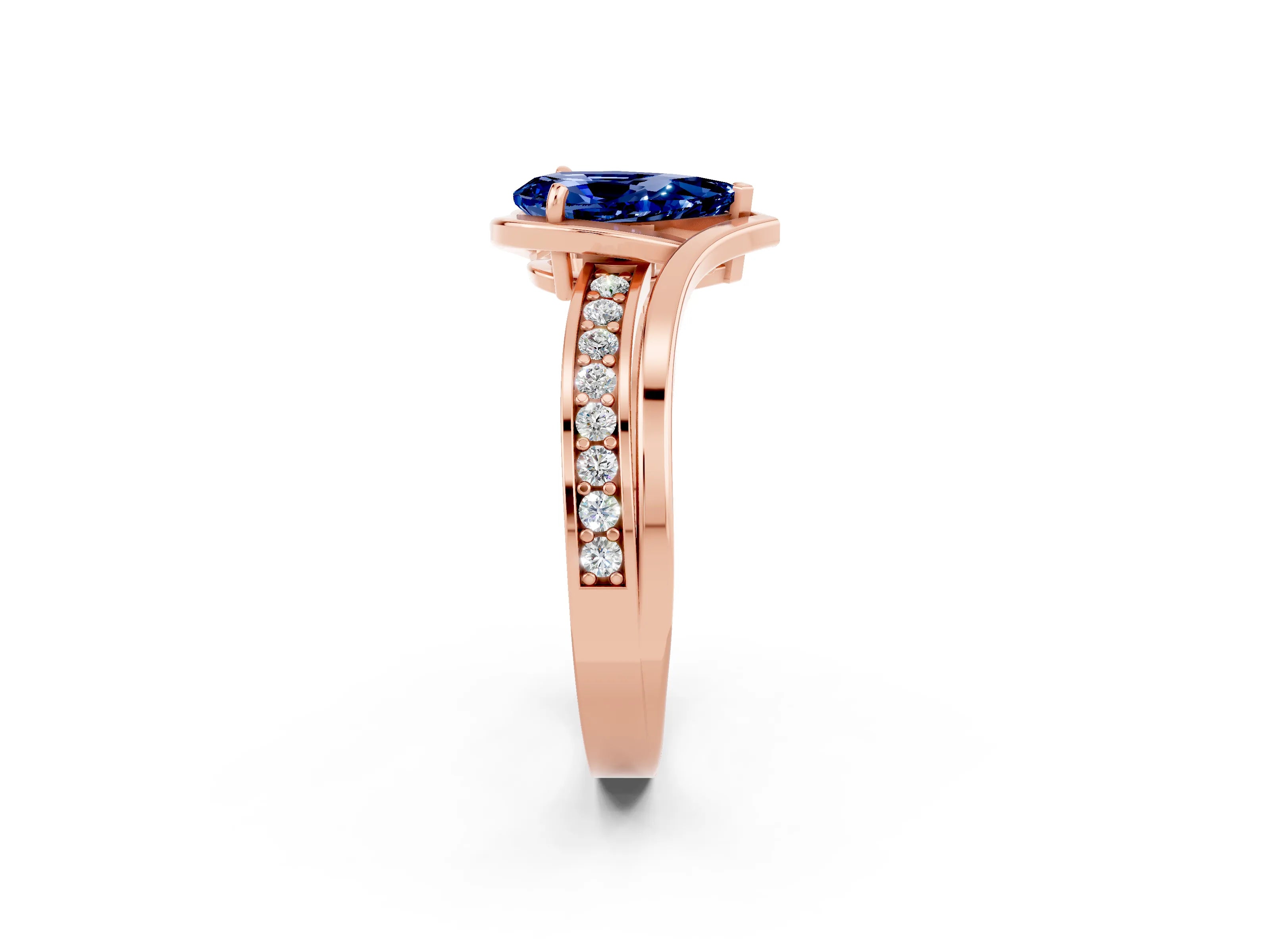 Rose gold Pear Cut Blue Sapphire Solitaire Ring with Split Shank and Prong Setting_2