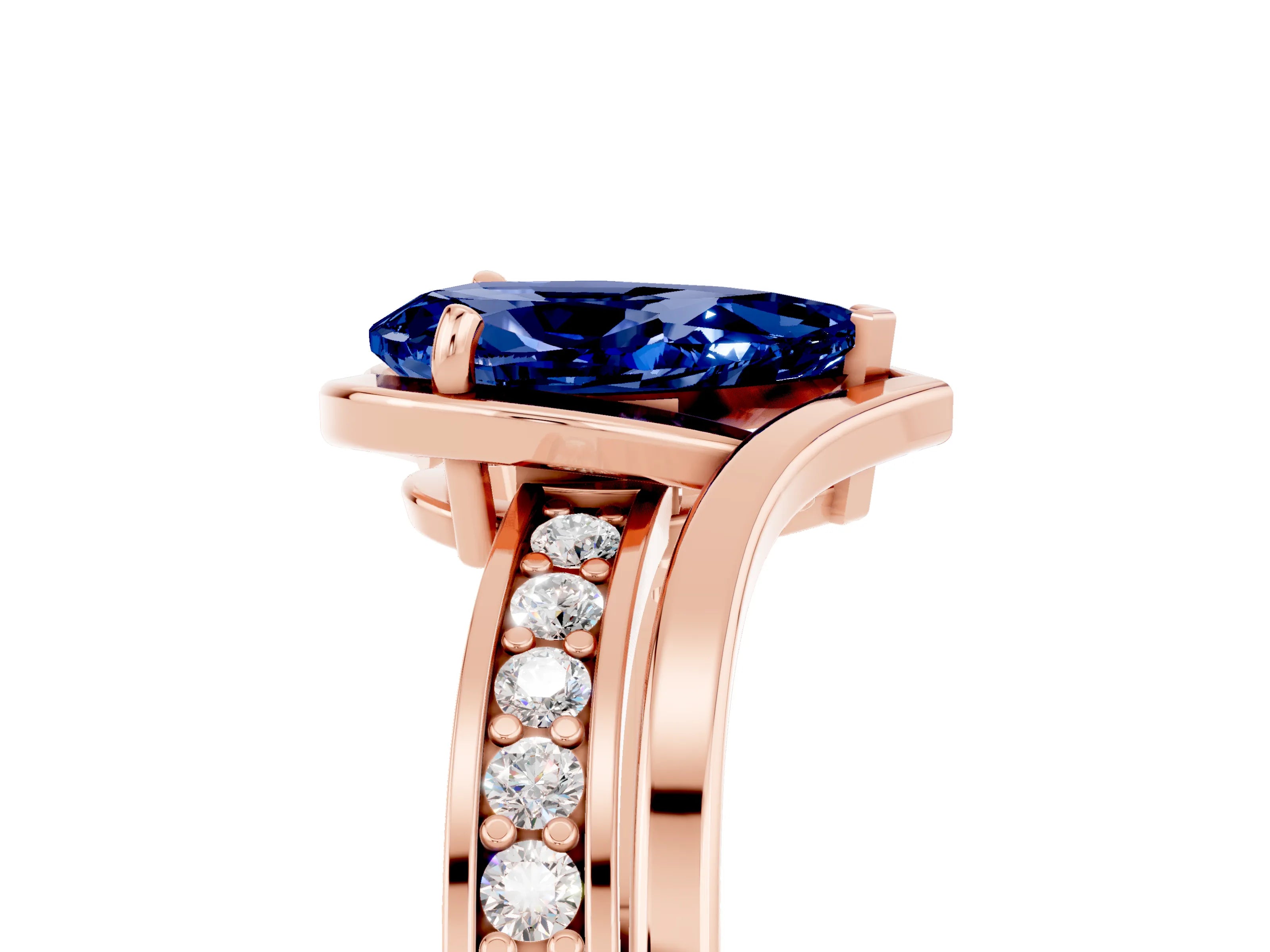 Rose gold Pear Cut Blue Sapphire Solitaire Ring with Split Shank and Prong Setting_5