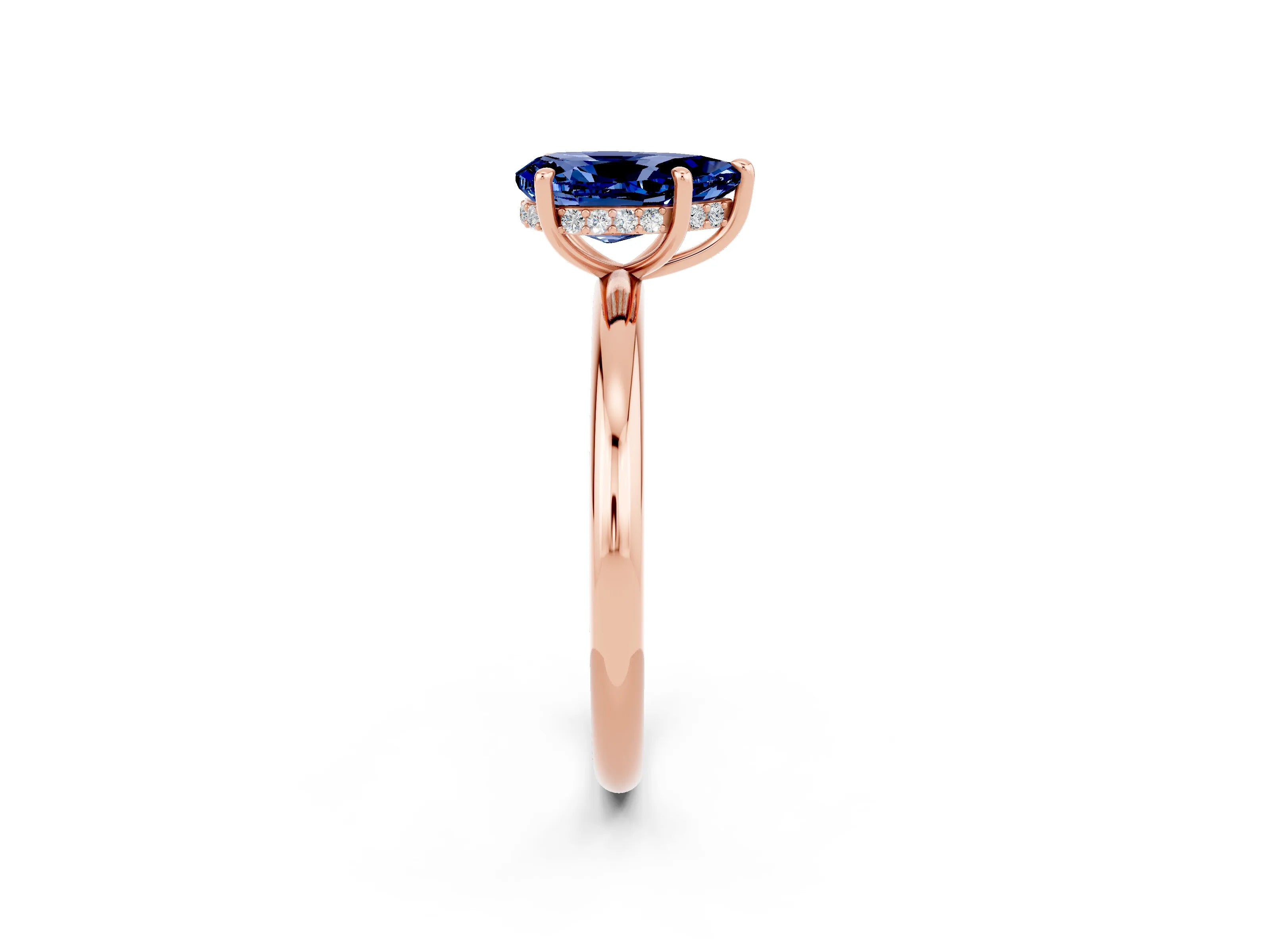 Rose gold Pear Cut Blue Sapphire Solitaire Ring with Thin Band and Four-Prong Setting_14