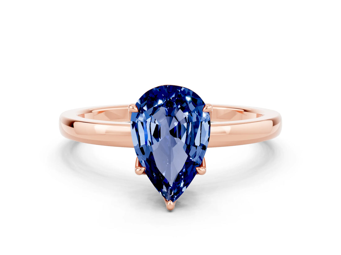 Rose gold Pear Cut Blue Sapphire Solitaire Ring with Thin Band and Prong Setting_12