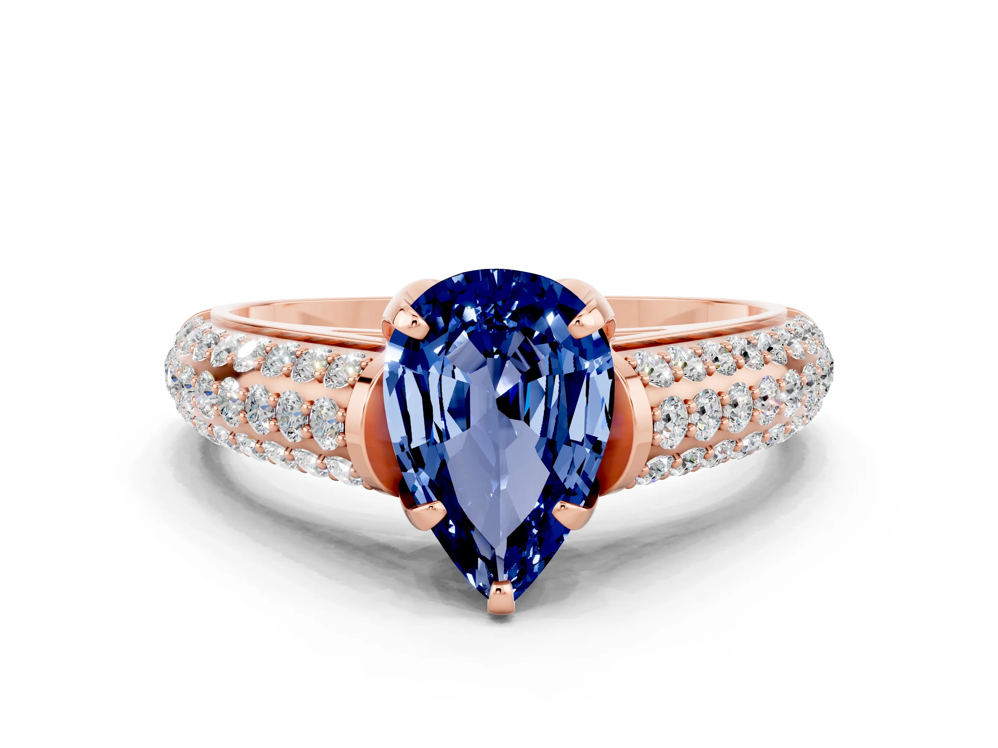 Rose gold Pear Cut Blue Sapphire Solitaire Ring with Three-Row Pavé Band and Four-Prong Setting_12