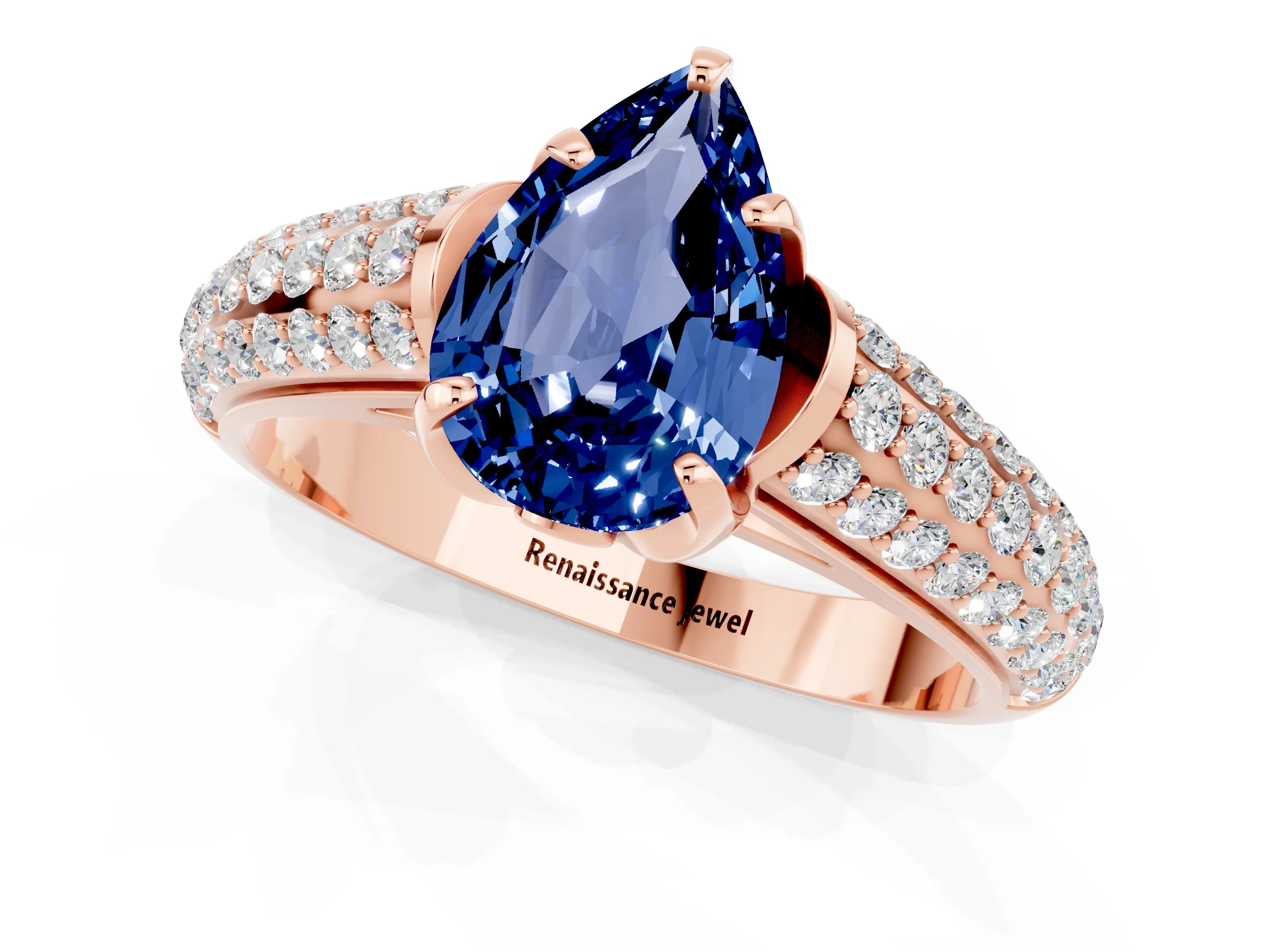 Rose gold Pear Cut Blue Sapphire Solitaire Ring with Three-Row Pavé Band and Four-Prong Setting_13