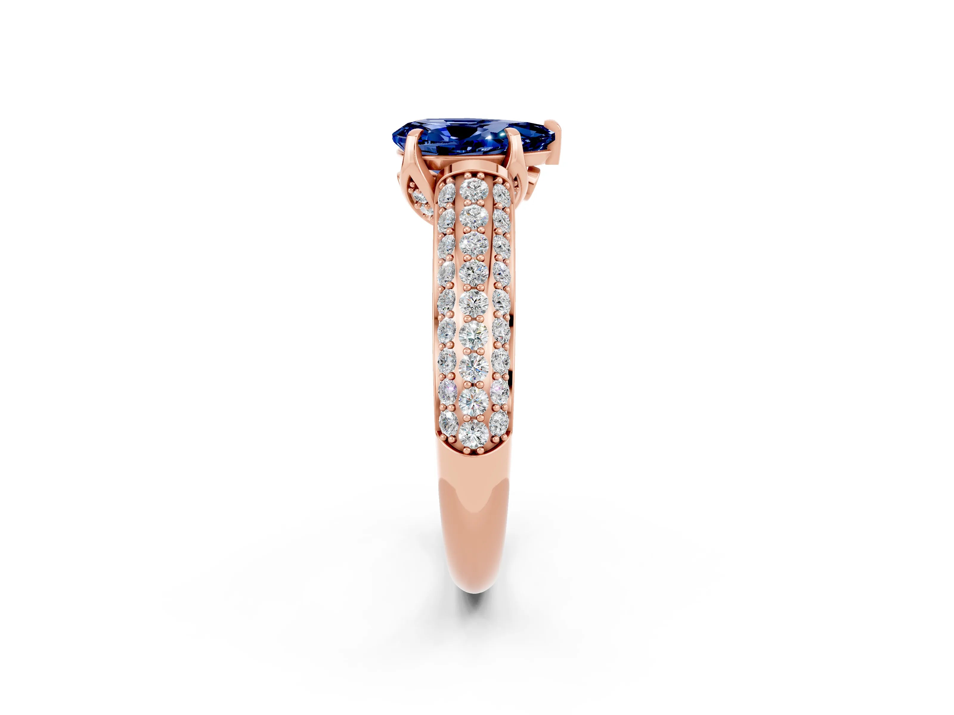 Rose gold Pear Cut Blue Sapphire Solitaire Ring with Three-Row Pavé Band and Four-Prong Setting_14