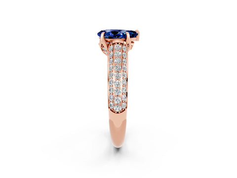 Rose gold Pear Cut Blue Sapphire Solitaire Ring with Three-Row Pavé Band and Four-Prong Setting_14