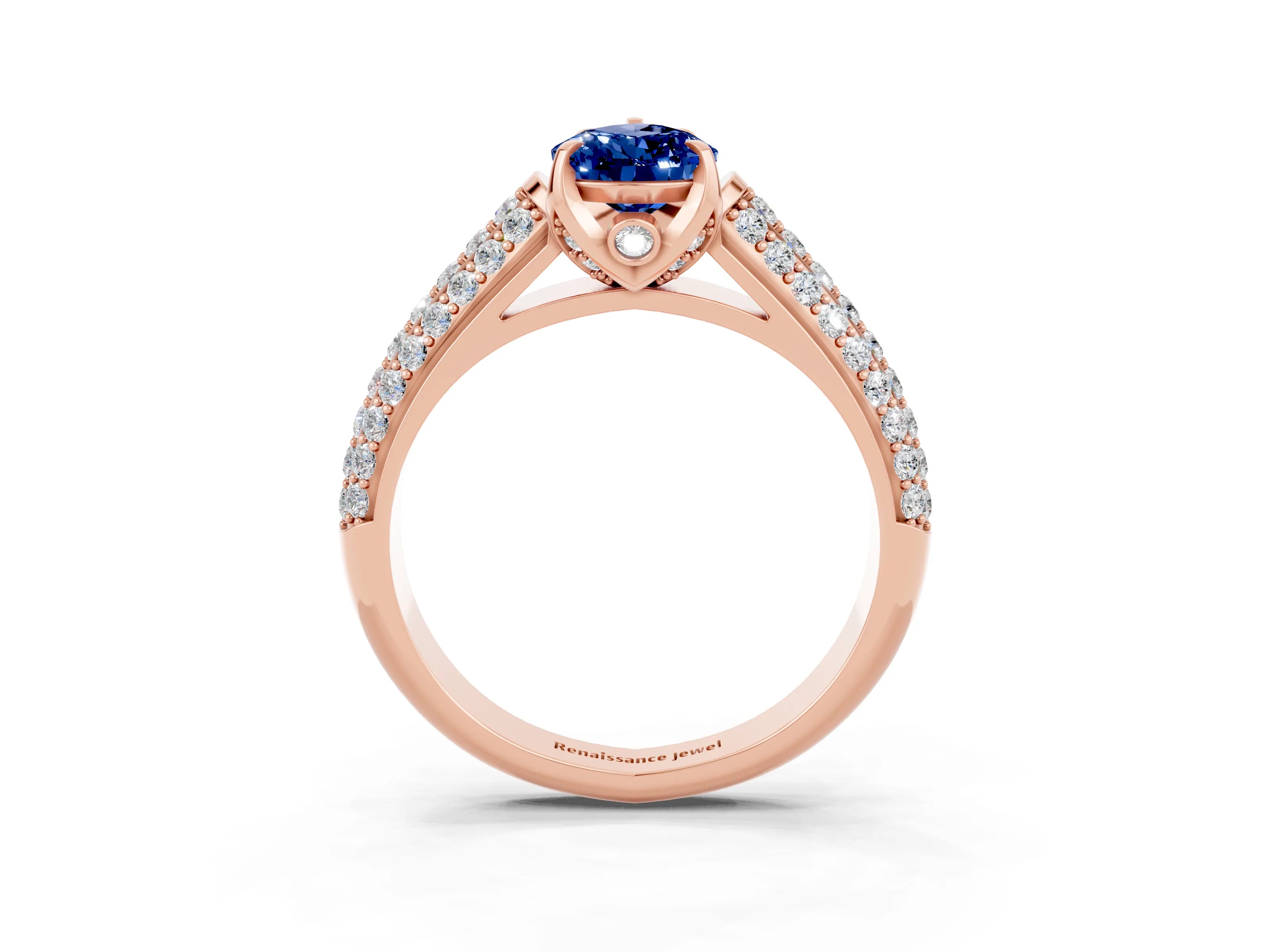 Rose gold Pear Cut Blue Sapphire Solitaire Ring with Three-Row Pavé Band and Four-Prong Setting_15