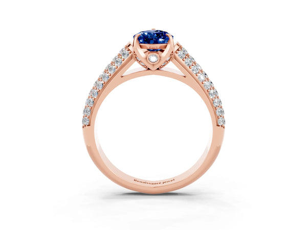 Rose gold Pear Cut Blue Sapphire Solitaire Ring with Three-Row Pavé Band and Four-Prong Setting