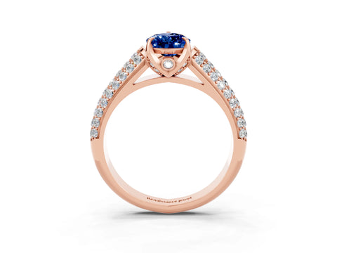 Rose gold Pear Cut Blue Sapphire Solitaire Ring with Three-Row Pavé Band and Four-Prong Setting_15