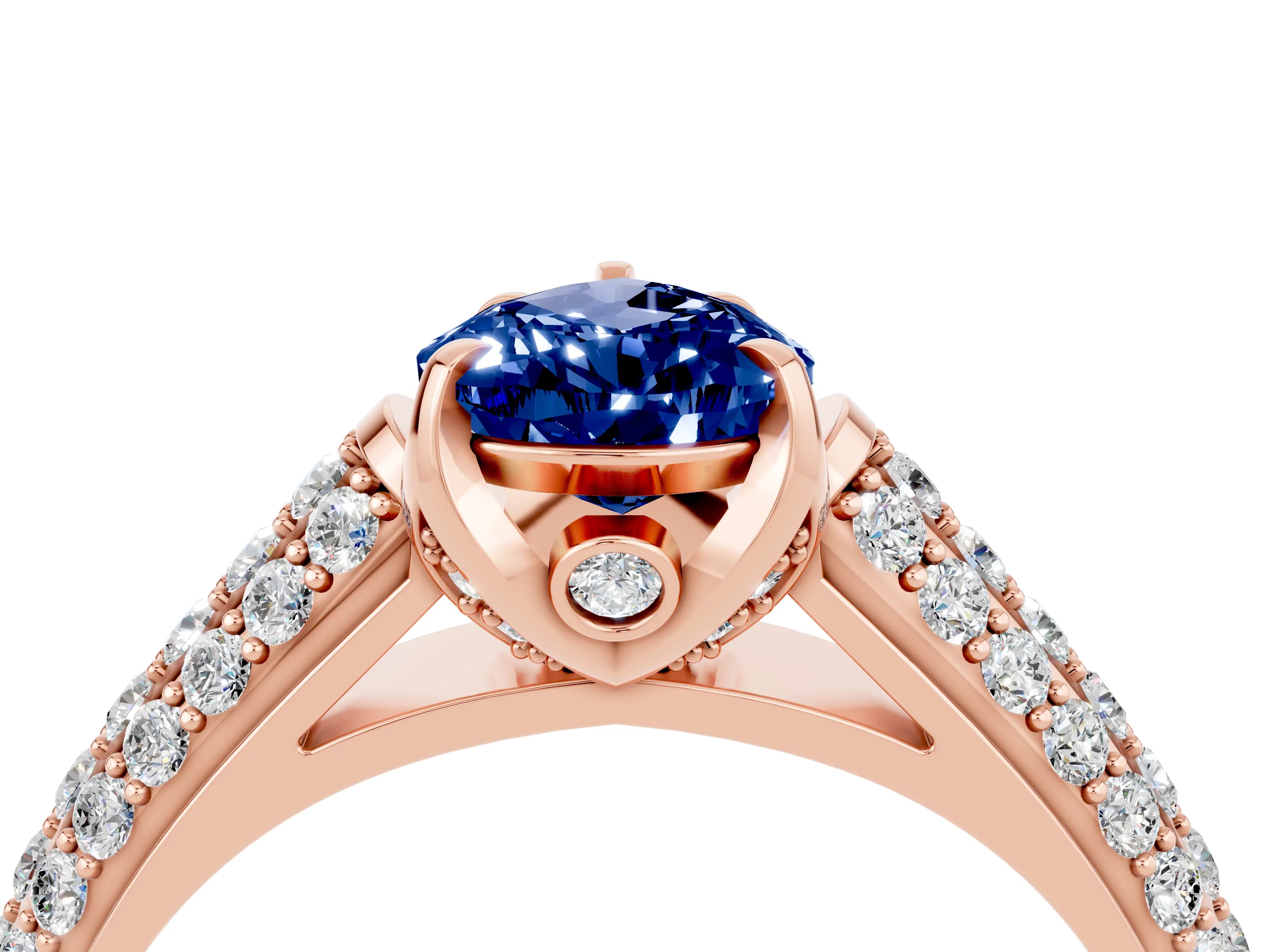 Rose gold Pear Cut Blue Sapphire Solitaire Ring with Three-Row Pavé Band and Four-Prong Setting_16