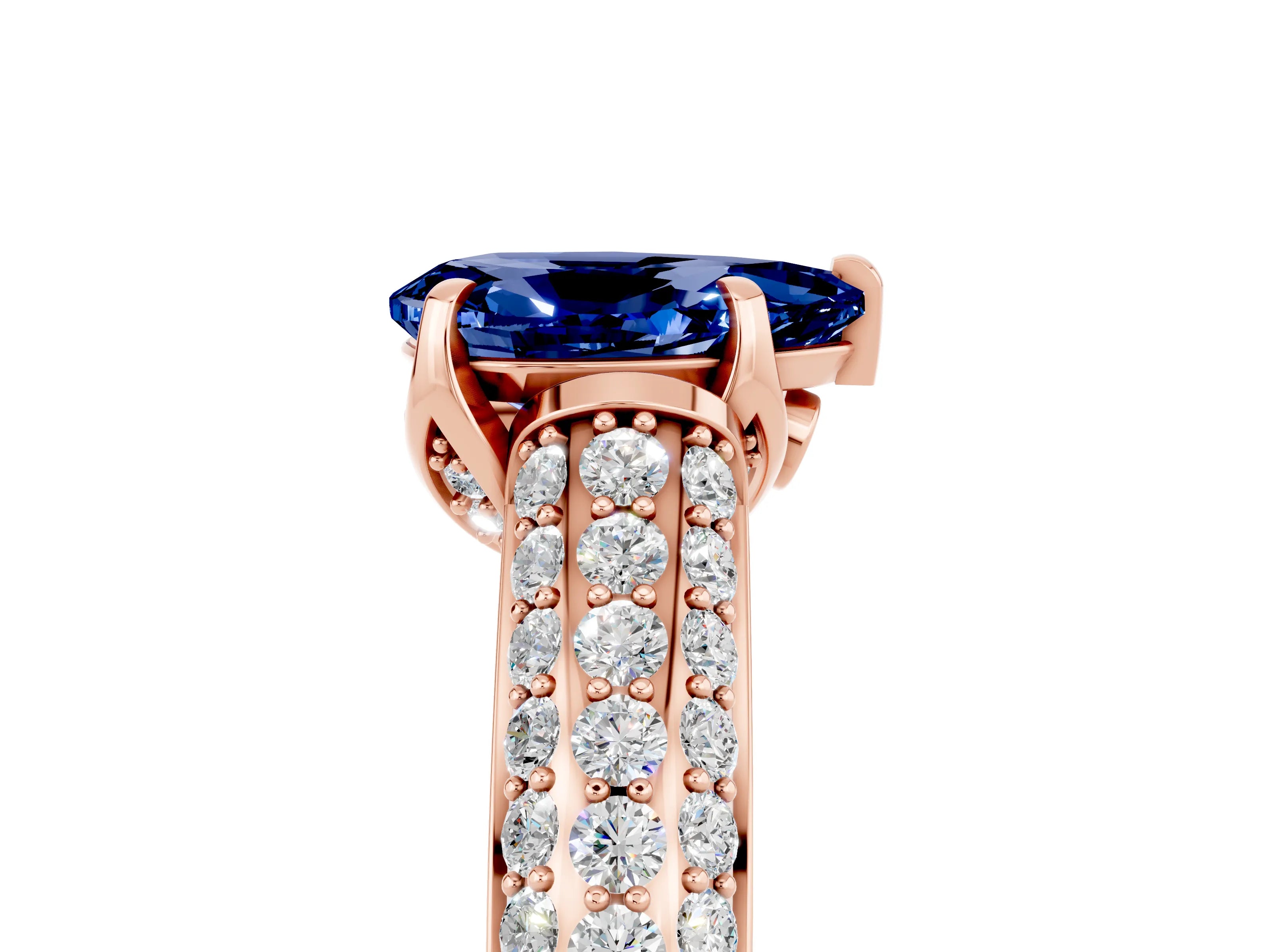 Rose gold Pear Cut Blue Sapphire Solitaire Ring with Three-Row Pavé Band and Four-Prong Setting_17
