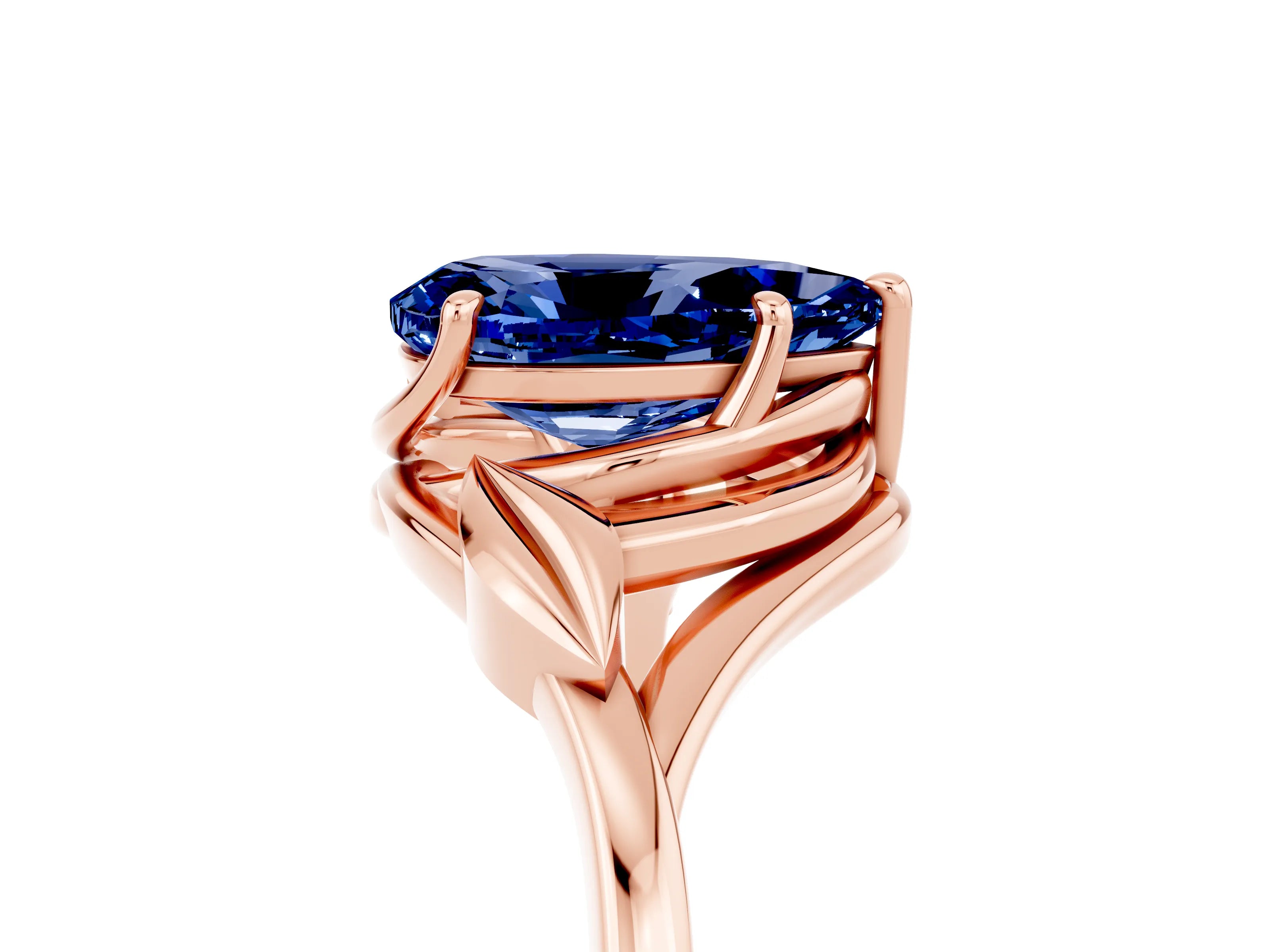 Rose gold Pear Cut Blue Sapphire Solitaire Ring with Twist Band and Four-Prong Setting_29
