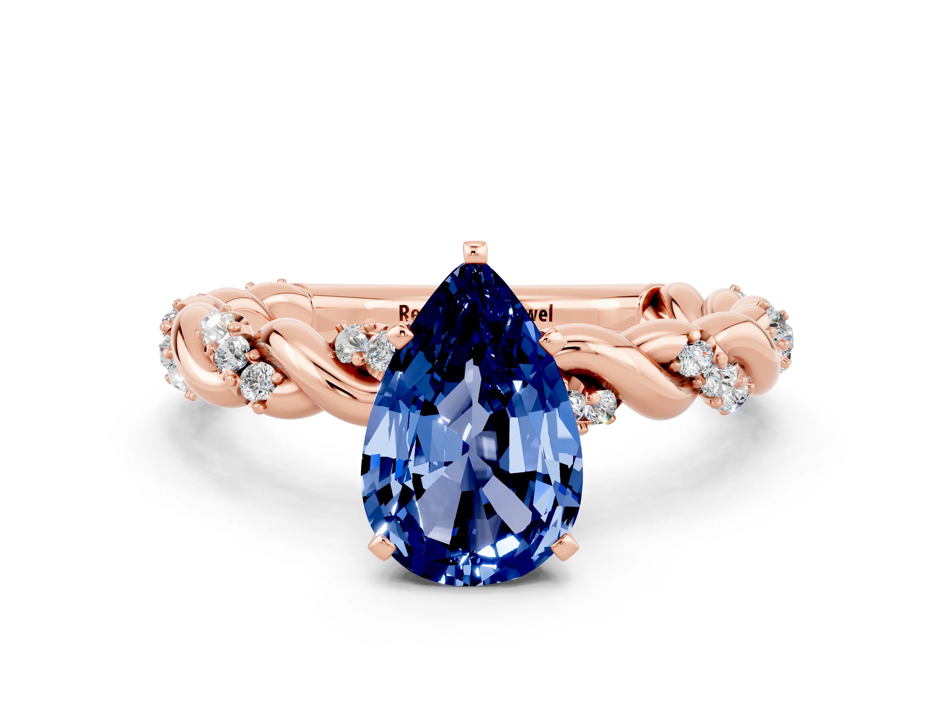 Rose gold Pear Cut Blue Sapphire Solitaire Ring with Twisted Band and Pavé Accents