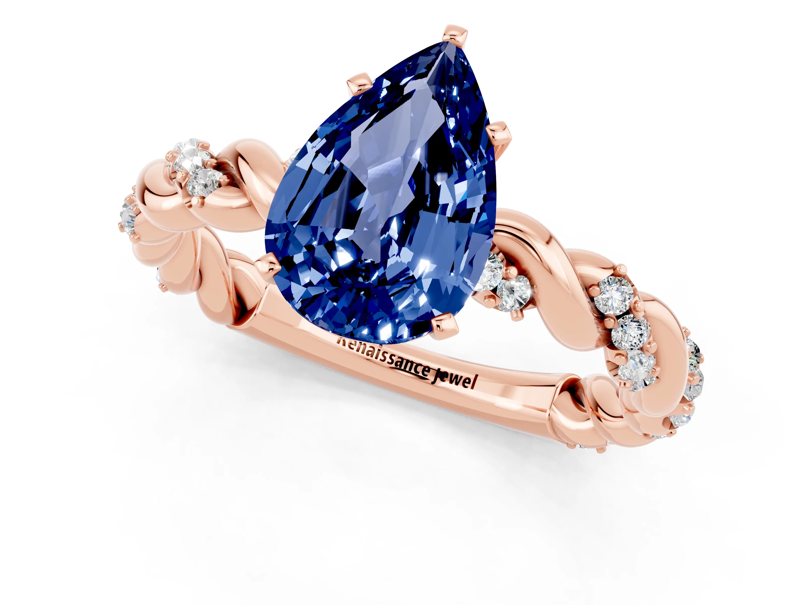 Rose gold Pear Cut Blue Sapphire Solitaire Ring with Twisted Band and Pavé Accents_1