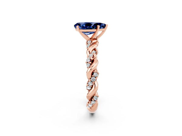 Rose gold Pear Cut Blue Sapphire Solitaire Ring with Twisted Band and Pavé Accents