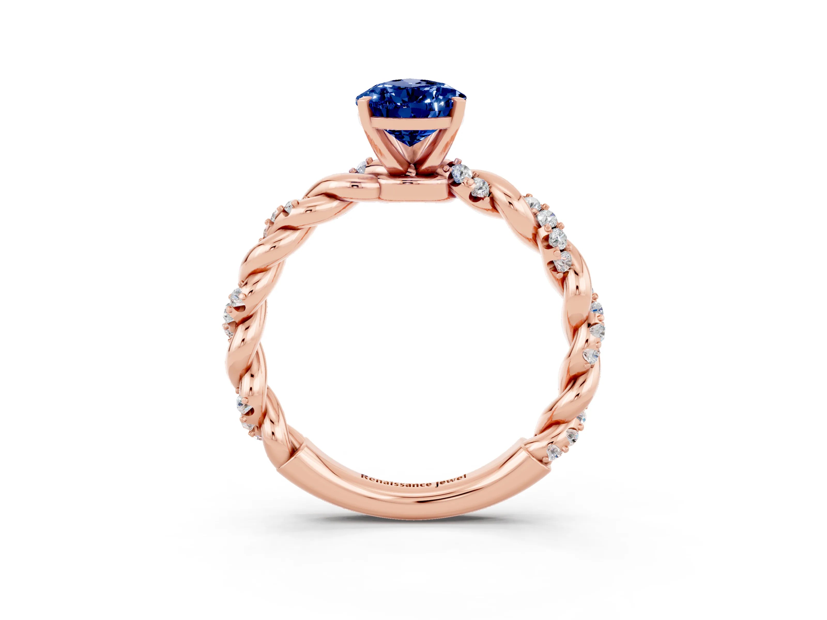Rose gold Pear Cut Blue Sapphire Solitaire Ring with Twisted Band and Pavé Accents_3