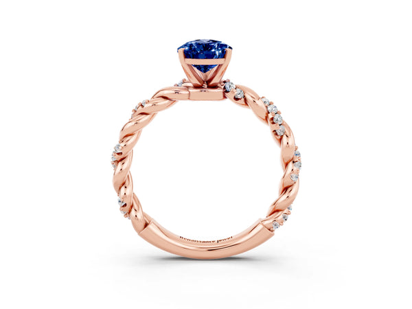 Rose gold Pear Cut Blue Sapphire Solitaire Ring with Twisted Band and Pavé Accents