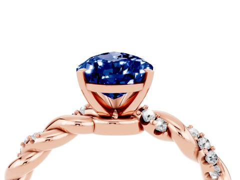Rose gold Pear Cut Blue Sapphire Solitaire Ring with Twisted Band and Pavé Accents_4