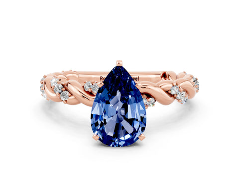 Rose gold Pear Cut Blue Sapphire Solitaire Ring with Twisted Band and Pavé Accents
