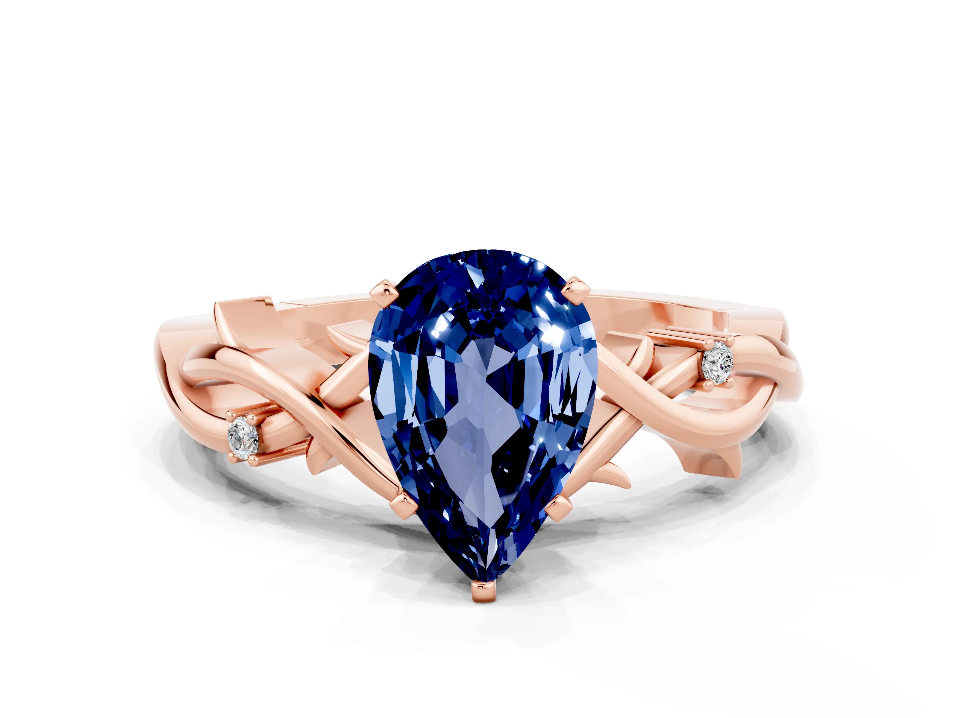 Rose gold Pear Cut Blue Sapphire Solitaire Ring with Twisted Band and Prong Setting