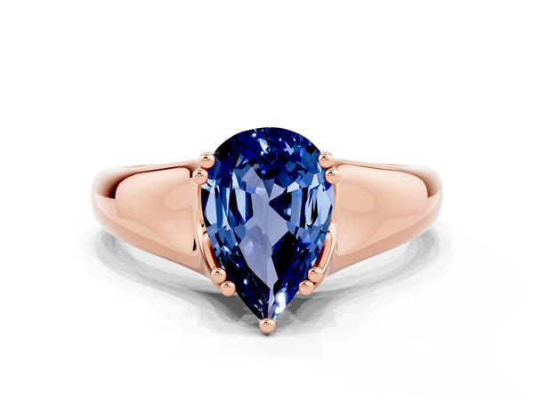 Rose gold Pear Cut Blue Sapphire Solitaire Ring with Wide Band and Prong Setting