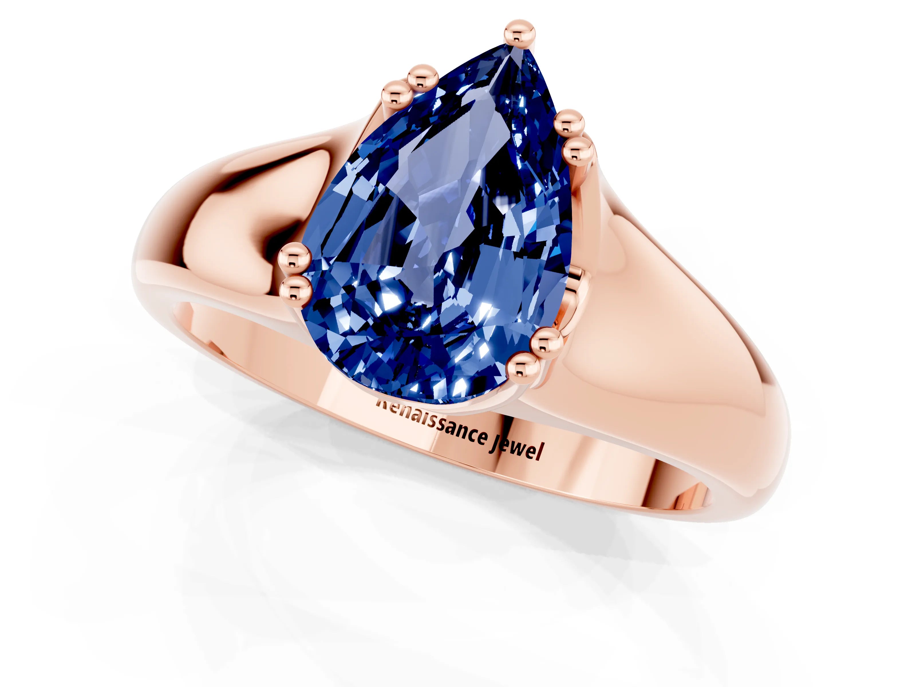 Rose gold Pear Cut Blue Sapphire Solitaire Ring with Wide Band and Prong Setting_1