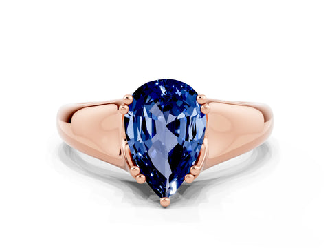 Rose gold Pear Cut Blue Sapphire Solitaire Ring with Wide Band and Prong Setting