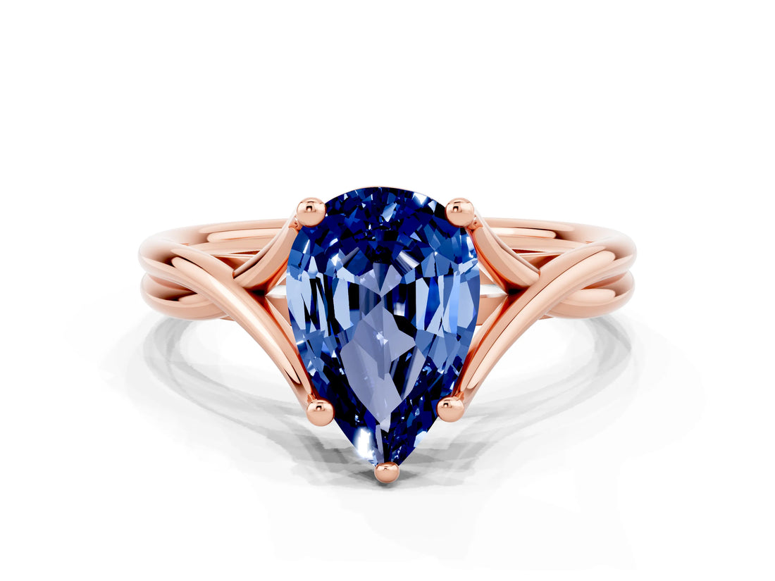 Rose gold Pear Cut Blue Sapphire Solitaire Twist Band Prong Setting Ring_48
