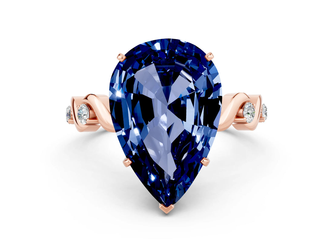 Rose gold Pear Cut Blue Sapphire Solitaire Twisted Band with Round  Accents and Prong Setting_21