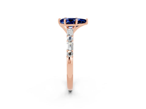 Rose gold Pear Cut Blue Sapphire Solitaire with Side Baguettes and Channel Set Band_2