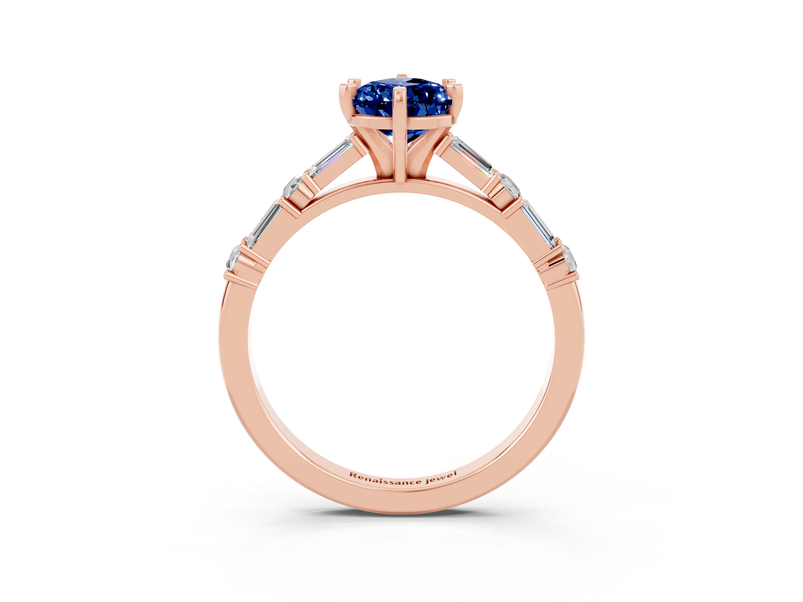Rose gold Pear Cut Blue Sapphire Solitaire with Side Baguettes and Channel Set Band_3